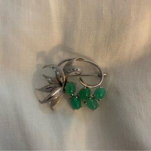 Sterling Silver and Jade Botanical Brooch